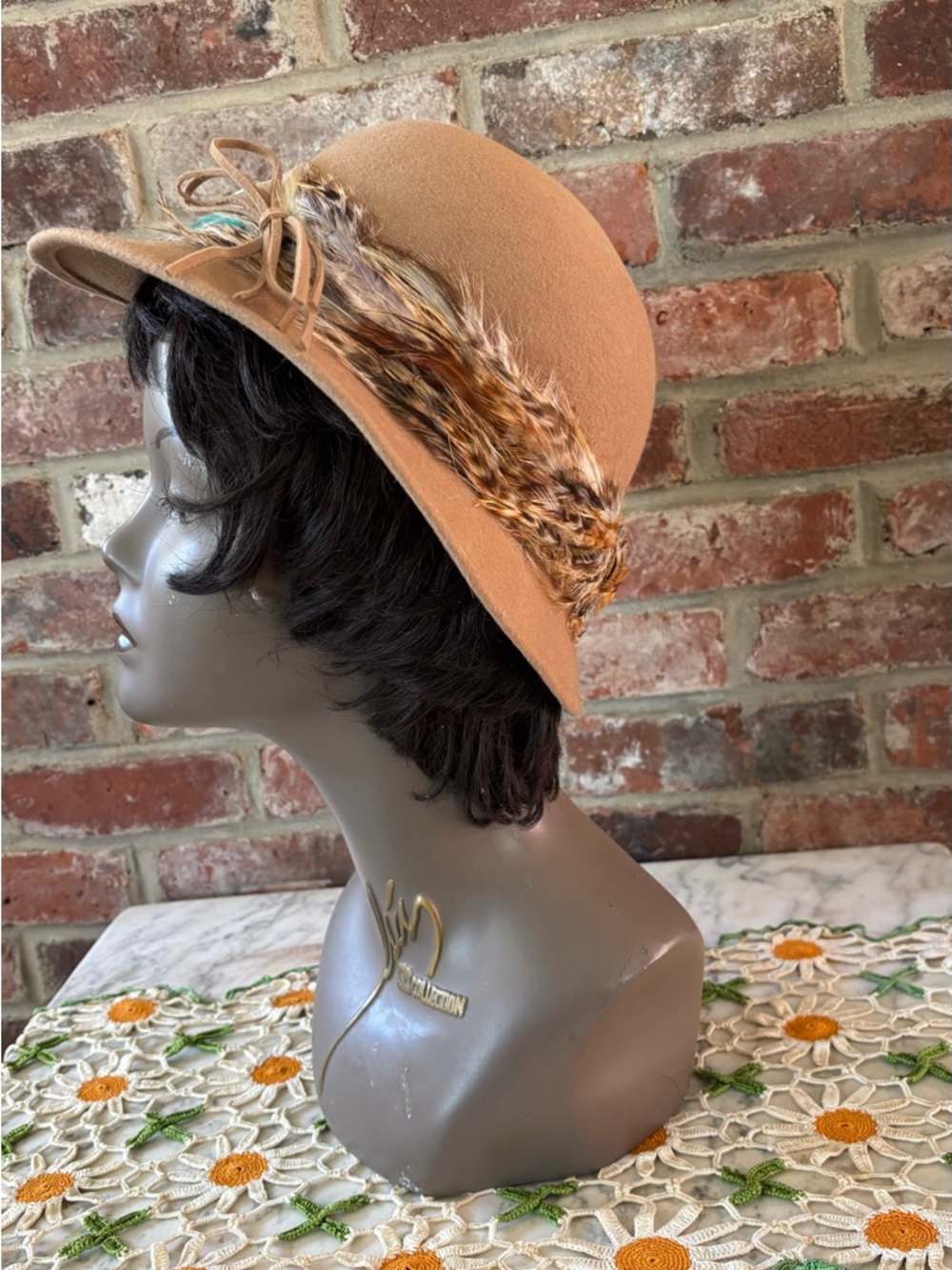 Women's Tan Felt Cloche Hat with Feather Accent size 7 1/2